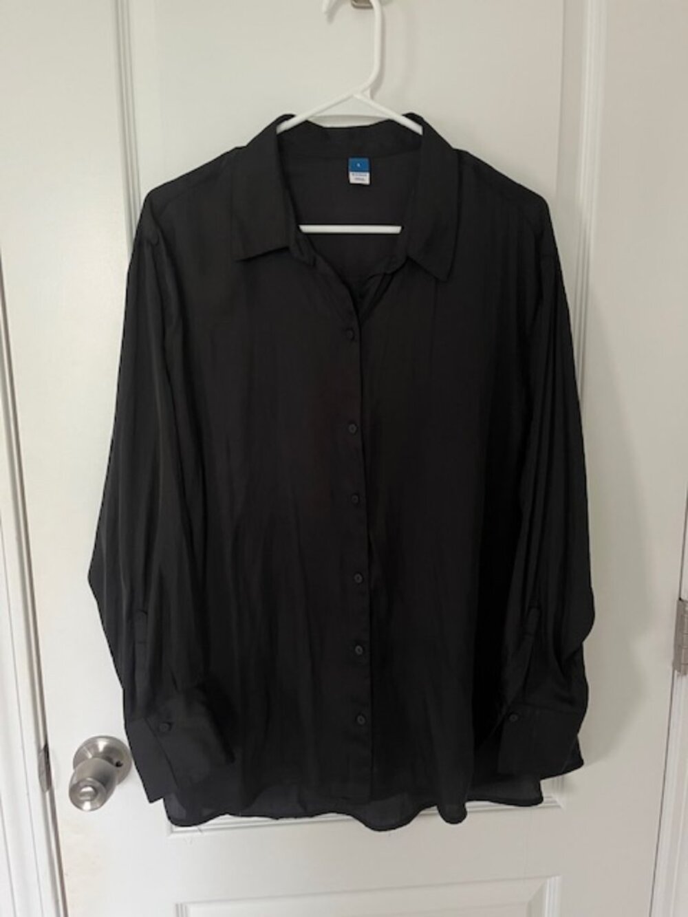 Old Navy black silky button down blouse, size L, never worn